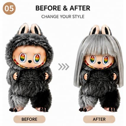 Premium Silver Gray collectible doll wig compatible with 17cm collectible 17cm dolls, before and after styling comparison