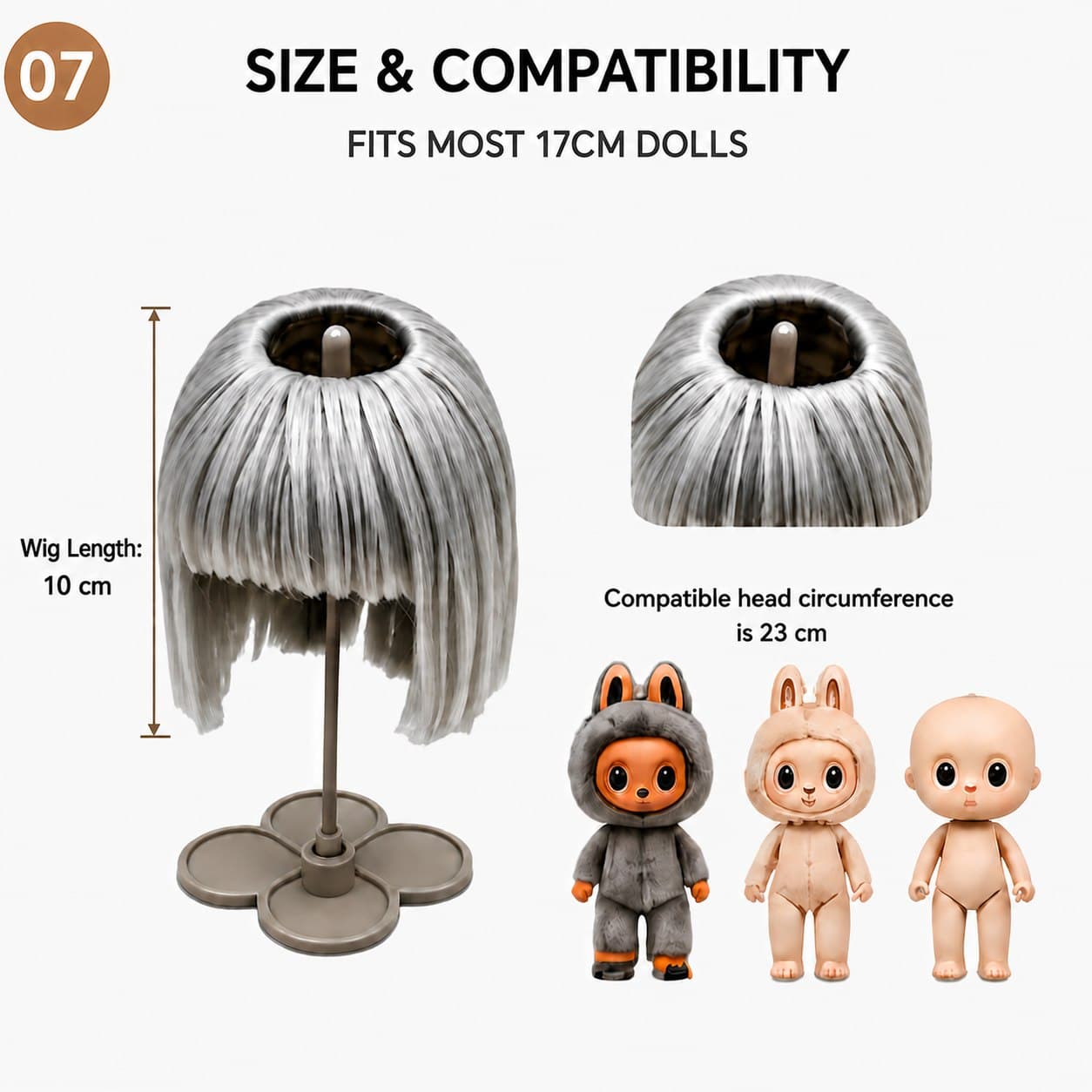 Collectible doll wig size guide for 17cm collectible 17cm dolls, approx. 23 cm head circumference