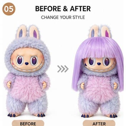 Taro Purple collectible doll wig compatible with 17cm collectible 17cm dolls, before and after styling comparison