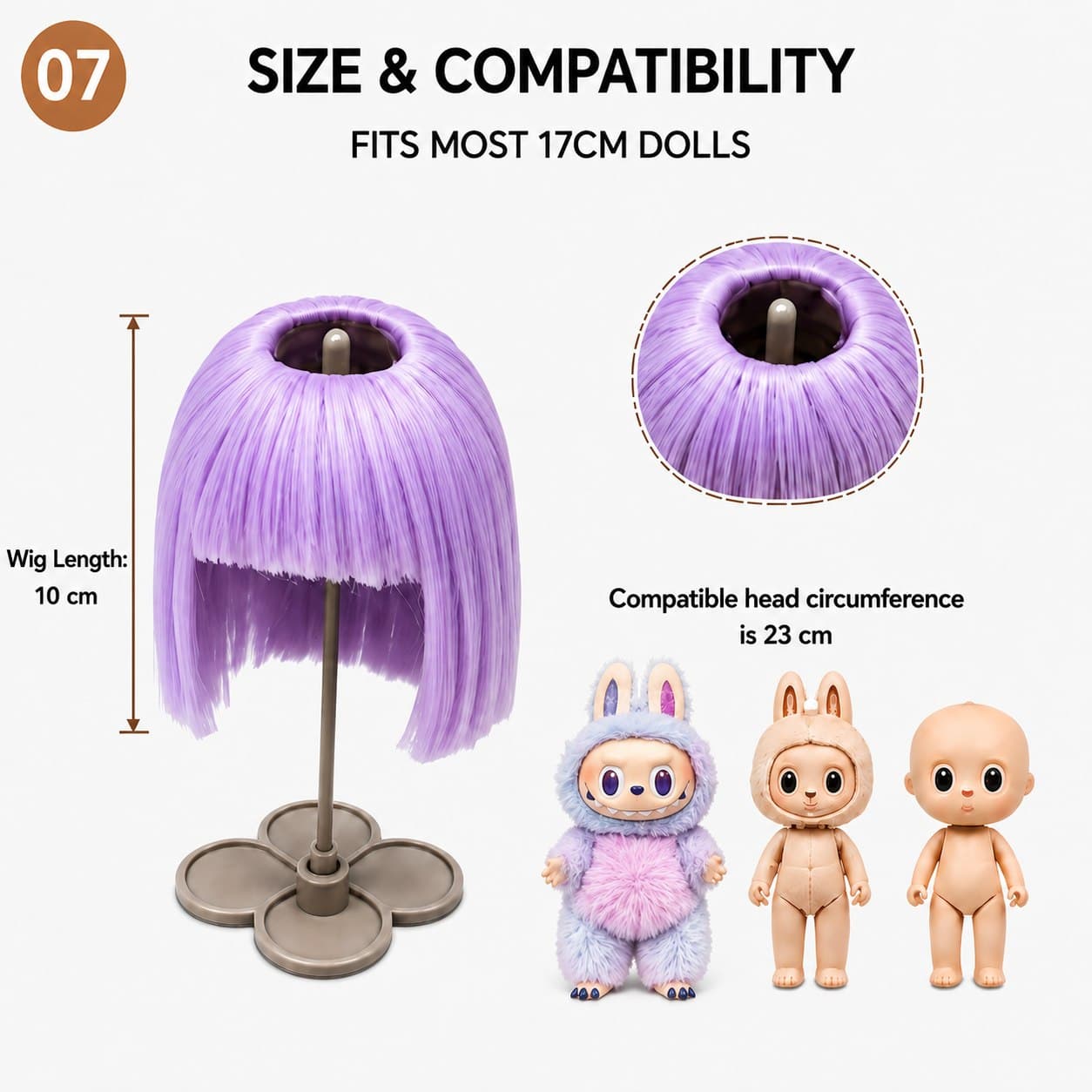 Collectible doll wig size guide for 17cm collectible 17cm dolls, approx. 23 cm head circumference