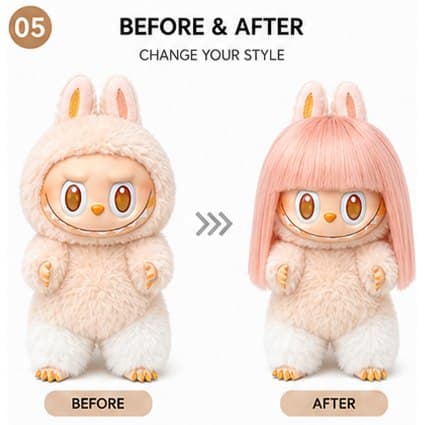 Warm Orange collectible doll wig compatible with 17cm collectible 17cm dolls, before and after styling comparison