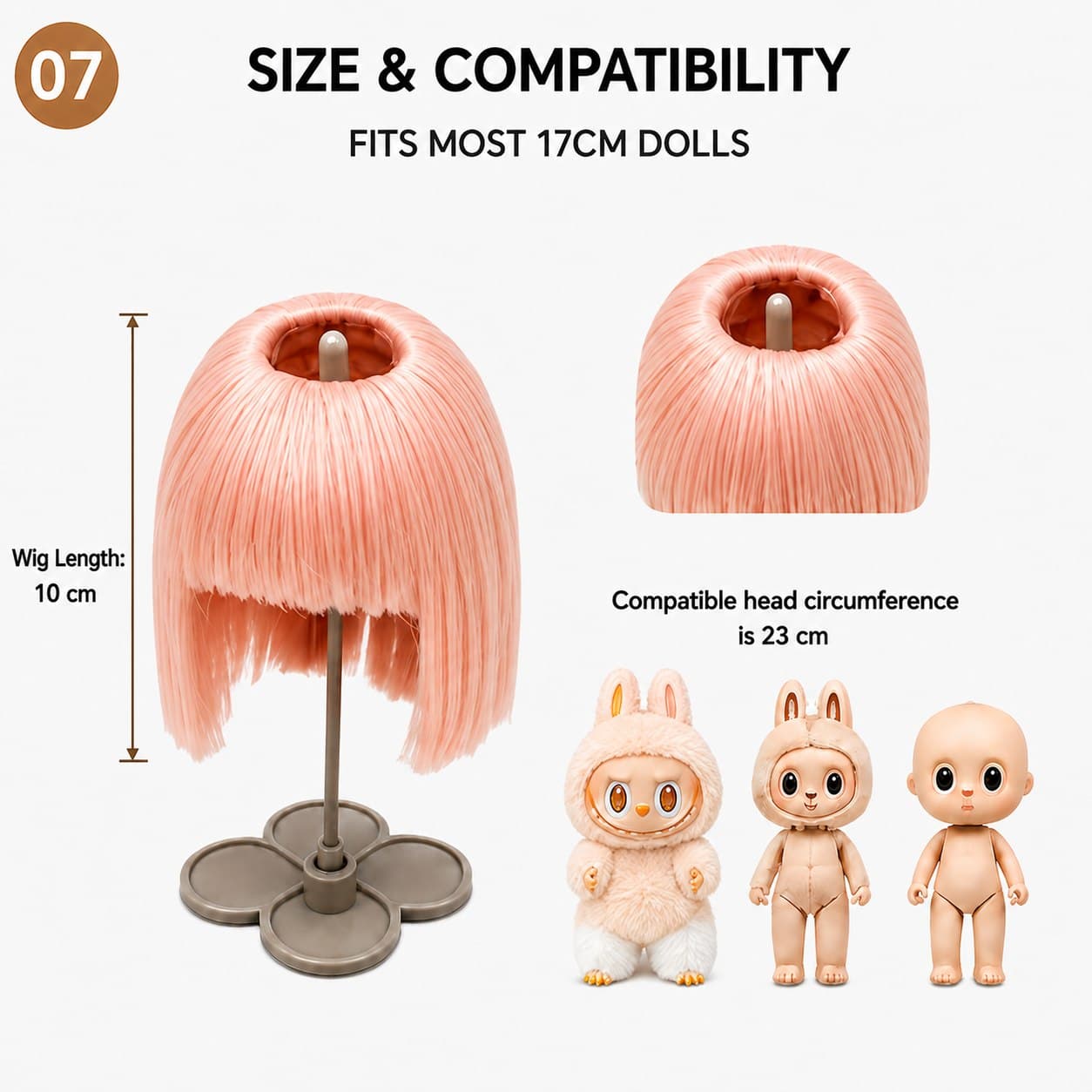 Collectible doll wig size guide for 17cm collectible 17cm dolls, approx. 23 cm head circumference