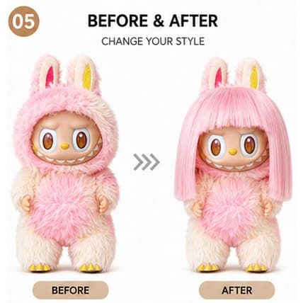 Soft Light Pink collectible doll wig compatible with 17cm collectible 17cm dolls, before and after styling comparison