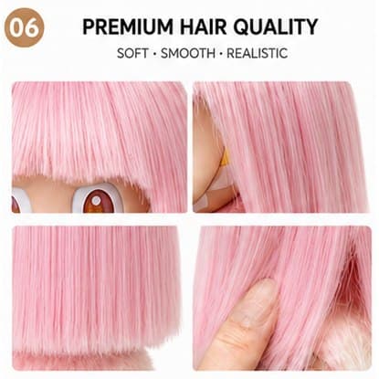 Soft Light Pink collectible doll wig compatible with 17cm collectible 17cm dolls, hair texture detail