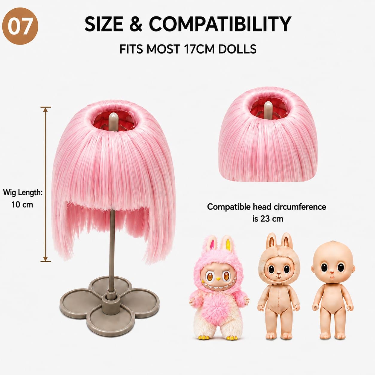 Collectible doll wig size guide for 17cm collectible 17cm dolls, approx. 23 cm head circumference