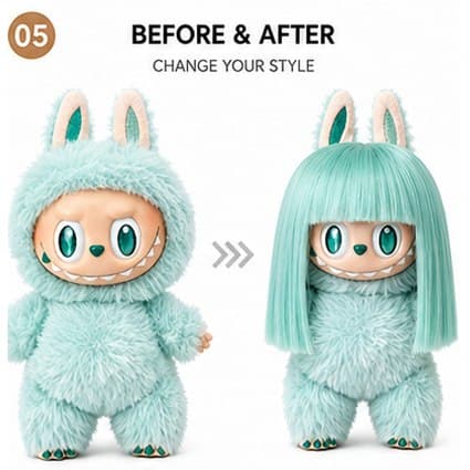 Mint Green collectible doll wig compatible with 17cm collectible 17cm dolls, before and after styling comparison