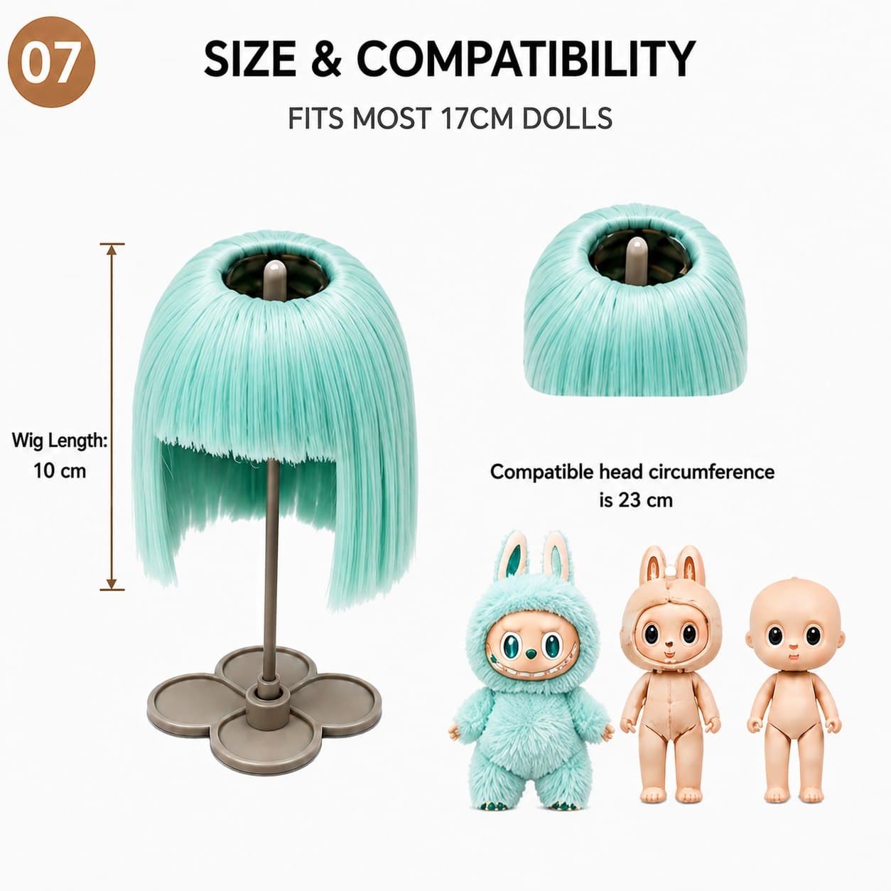 Collectible doll wig size guide for 17cm collectible 17cm dolls, approx. 23 cm head circumference