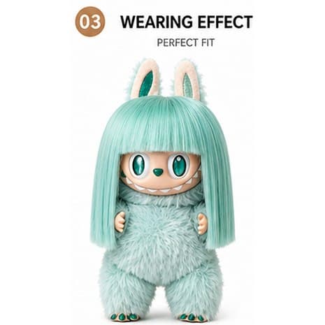 Mint Green collectible doll wig compatible with 17cm collectible 17cm dolls, front wearing view