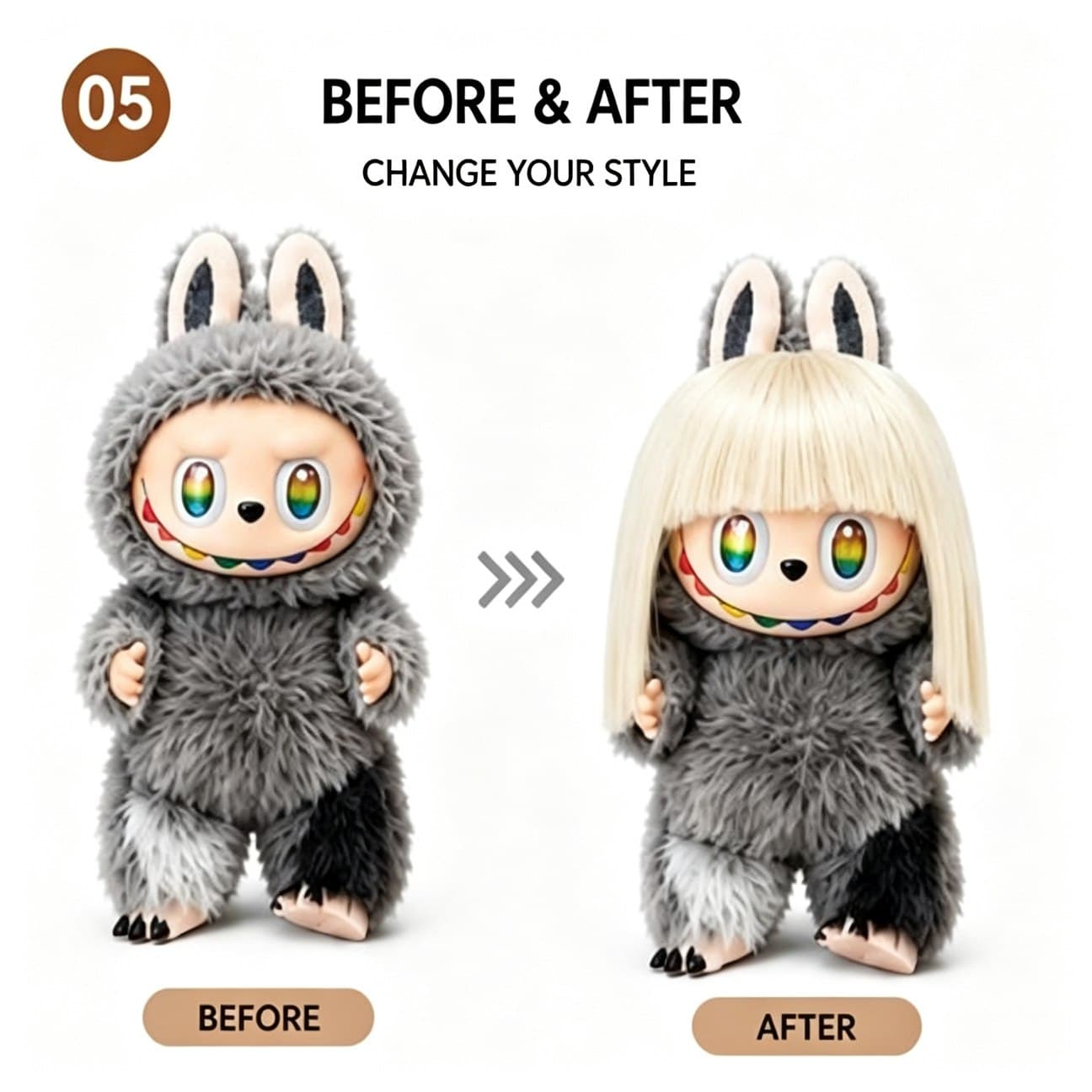 Vanilla Beige Gold collectible doll wig compatible with 17cm collectible 17cm dolls, before and after styling comparison