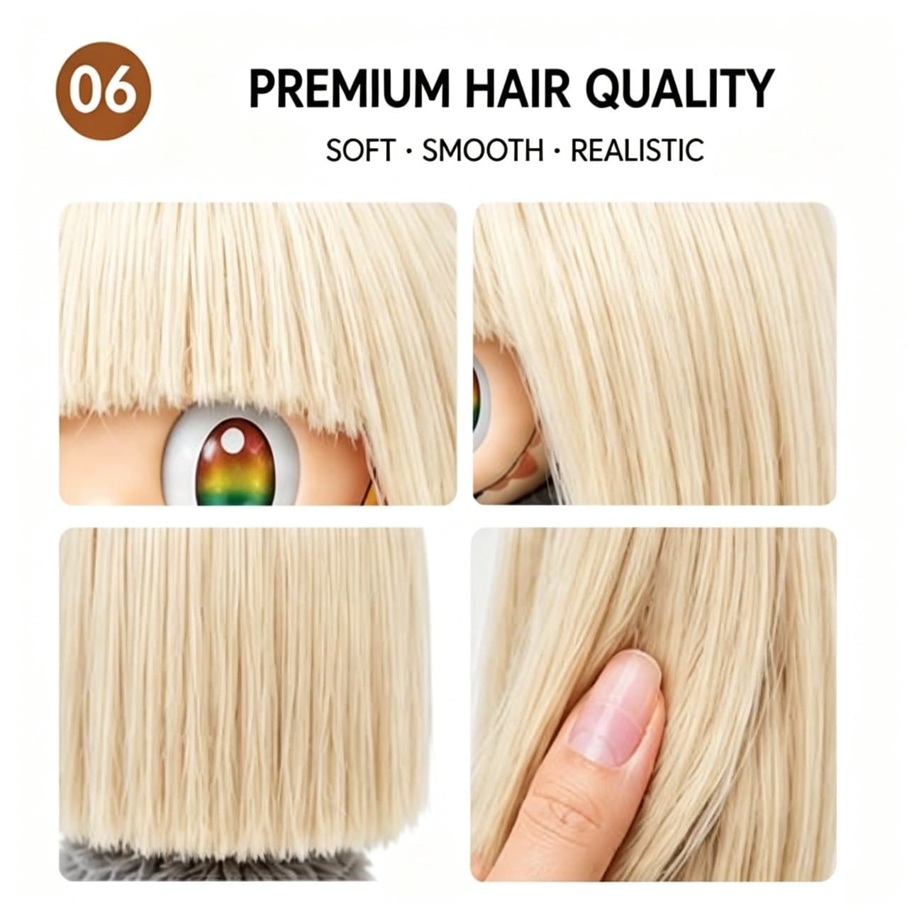 Vanilla Beige Gold collectible doll wig compatible with 17cm collectible 17cm dolls, hair texture detail