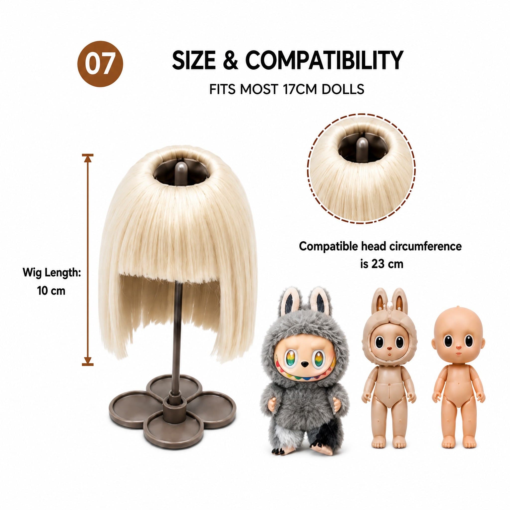 Collectible doll wig size guide for 17cm collectible 17cm dolls, approx. 23 cm head circumference