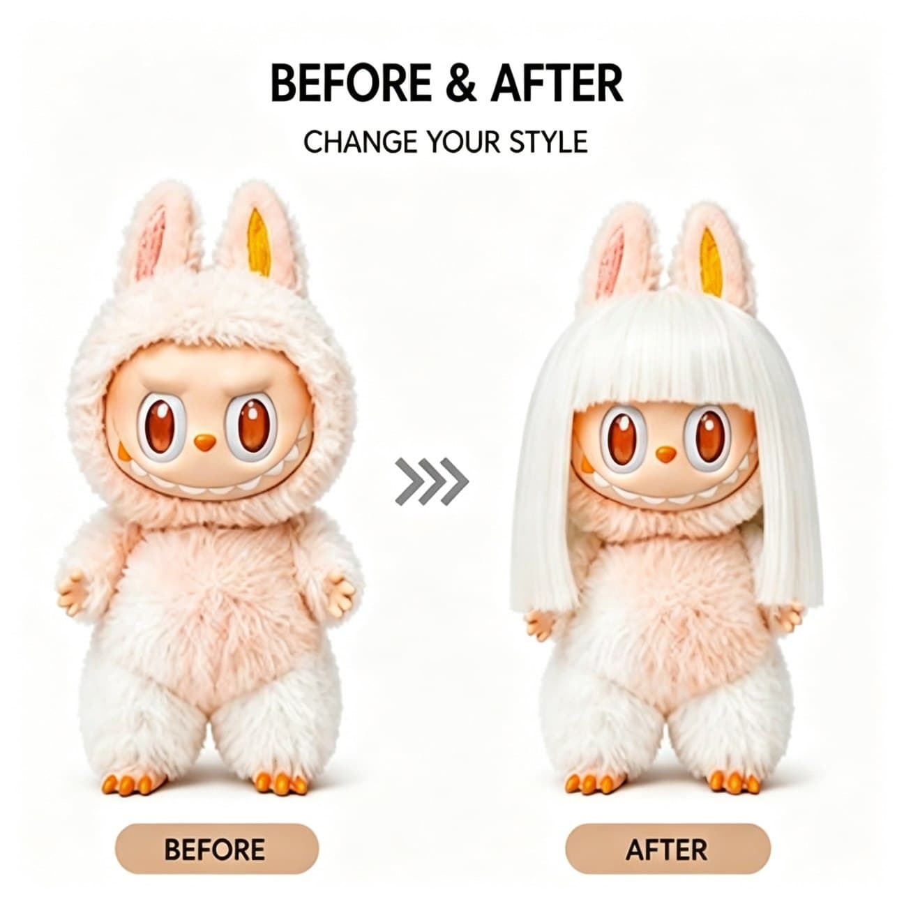 Pure White collectible doll wig compatible with 17cm collectible 17cm dolls, before and after styling comparison