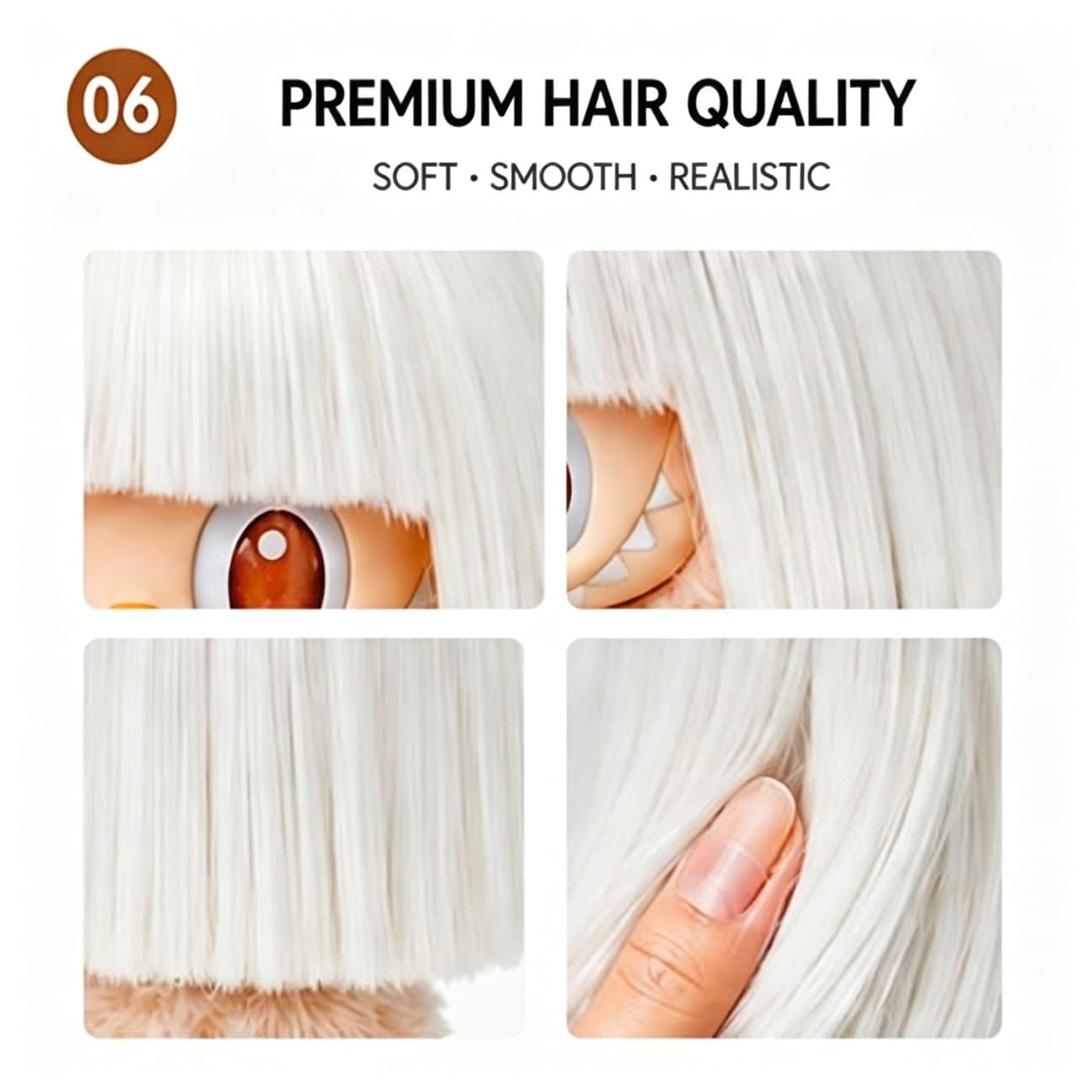 Pure White collectible doll wig compatible with 17cm collectible 17cm dolls, hair texture detail