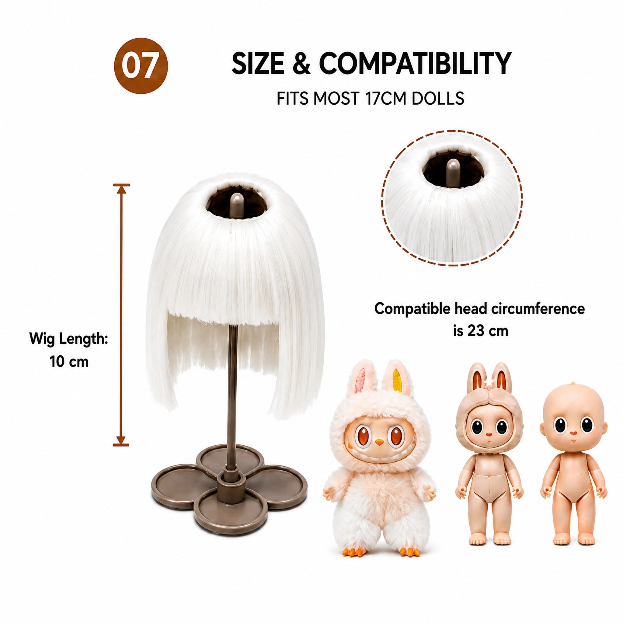 Collectible doll wig size guide for 17cm collectible 17cm dolls, approx. 23 cm head circumference