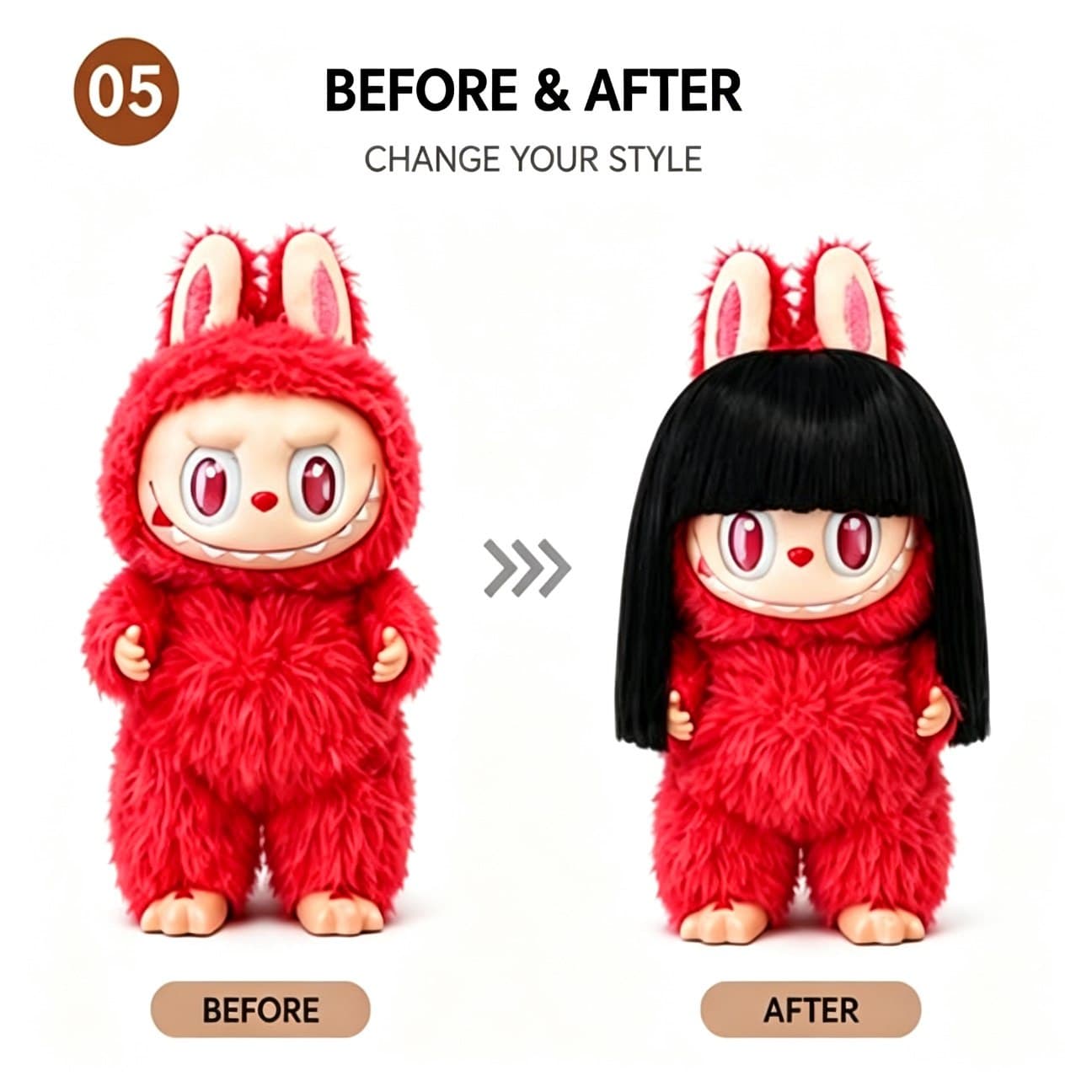 Deep Natural Black collectible doll wig compatible with 17cm collectible 17cm dolls, before and after styling comparison