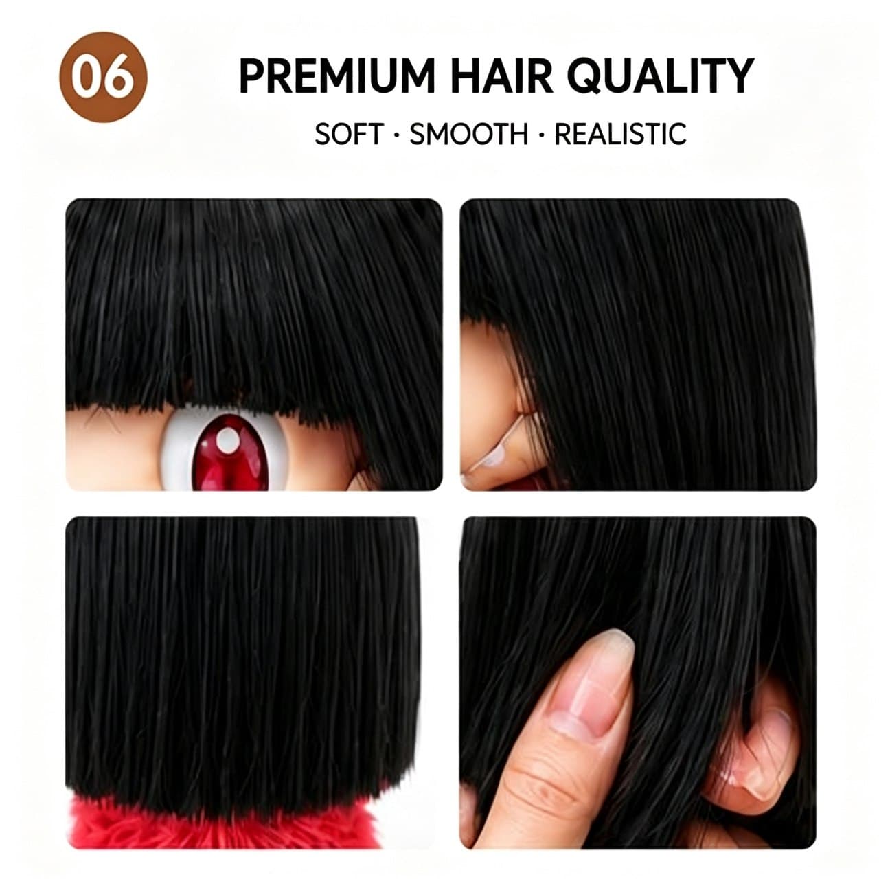 Deep Natural Black collectible doll wig compatible with 17cm collectible 17cm dolls, hair texture detail