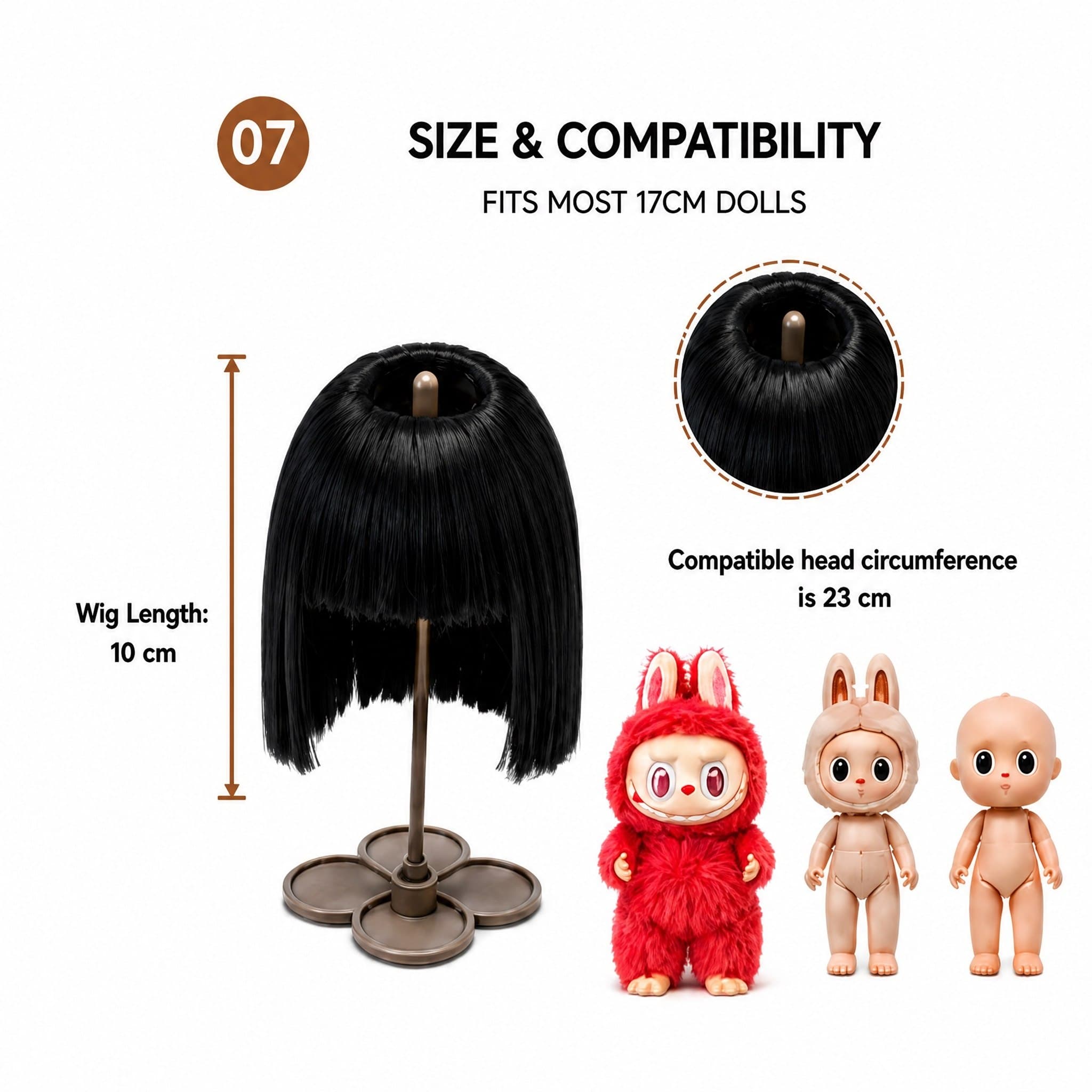 Collectible doll wig size guide for 17cm collectible 17cm dolls, approx. 23 cm head circumference