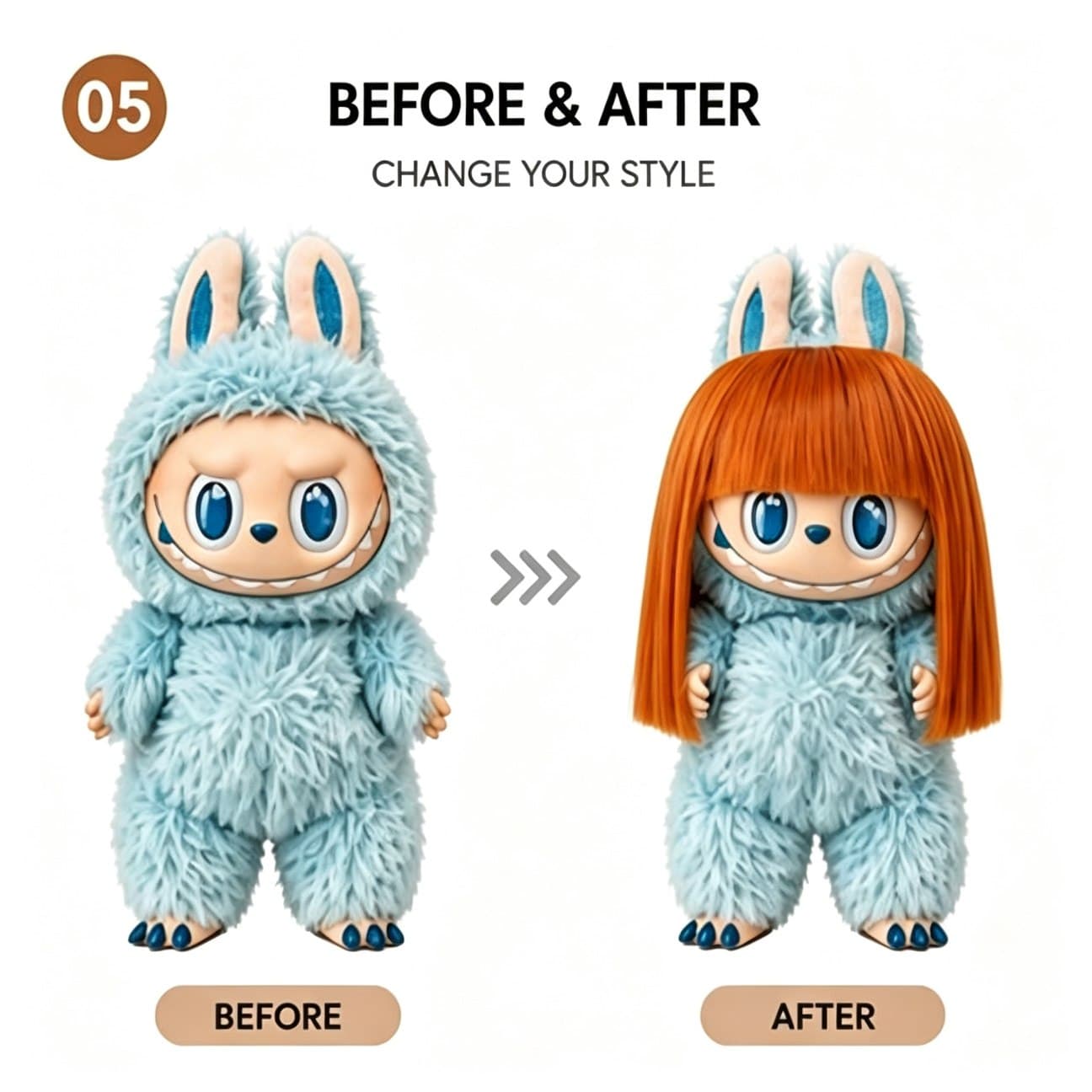 Vintage Burnt Orange collectible doll wig compatible with 17cm collectible 17cm dolls, before and after styling comparison