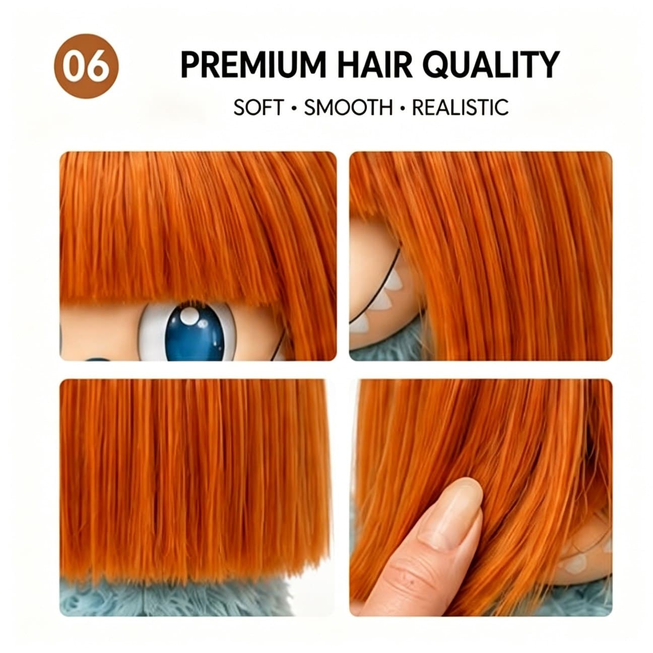 Vintage Burnt Orange collectible doll wig compatible with 17cm collectible 17cm dolls, hair texture detail