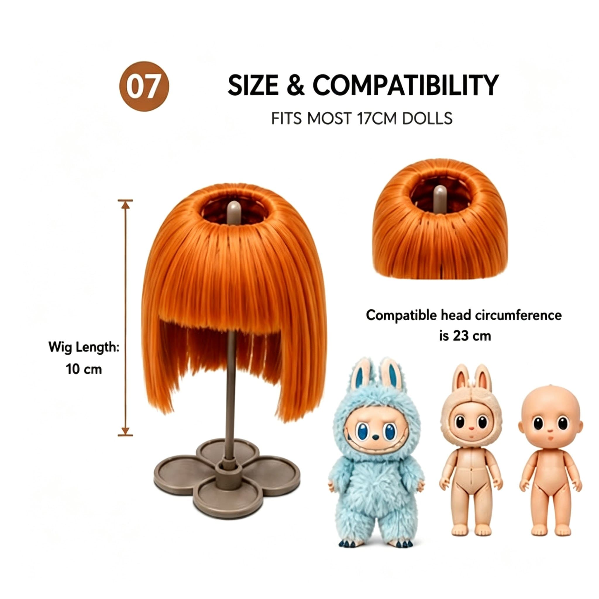 Collectible doll wig size guide for 17cm collectible 17cm dolls, approx. 23 cm head circumference
