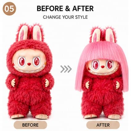 Summer Rose Red collectible doll wig compatible with 17cm collectible 17cm dolls, before and after styling comparison