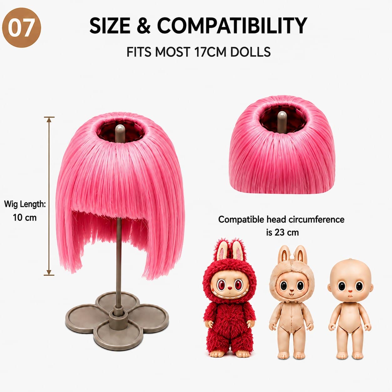 Collectible doll wig size guide for 17cm collectible 17cm dolls, approx. 23 cm head circumference