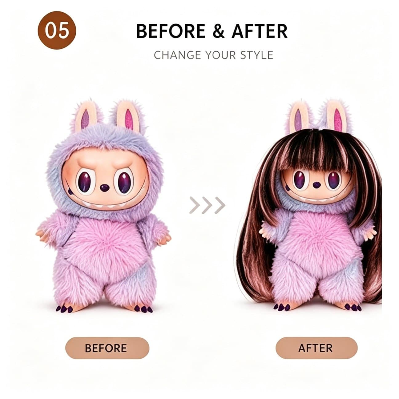 Misty Mocha / Pink Gradient collectible doll wig compatible with 17cm collectible 17cm dolls, before and after styling comparison