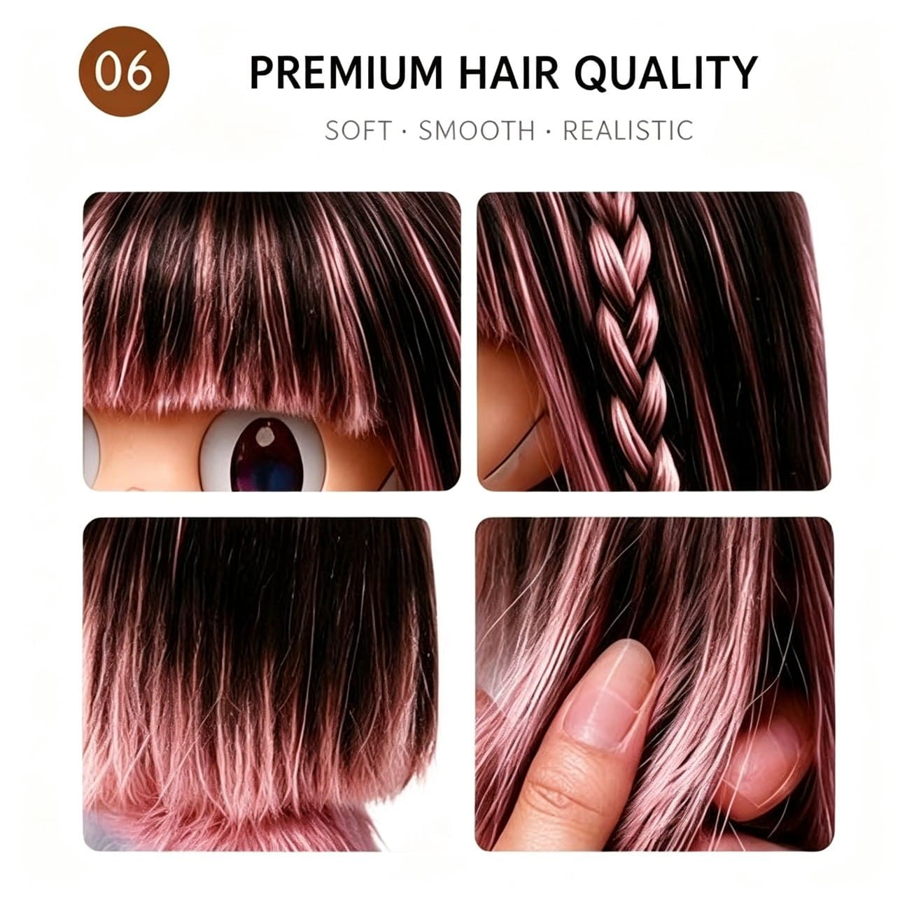 Misty Mocha / Pink Gradient collectible doll wig compatible with 17cm collectible 17cm dolls, hair texture detail