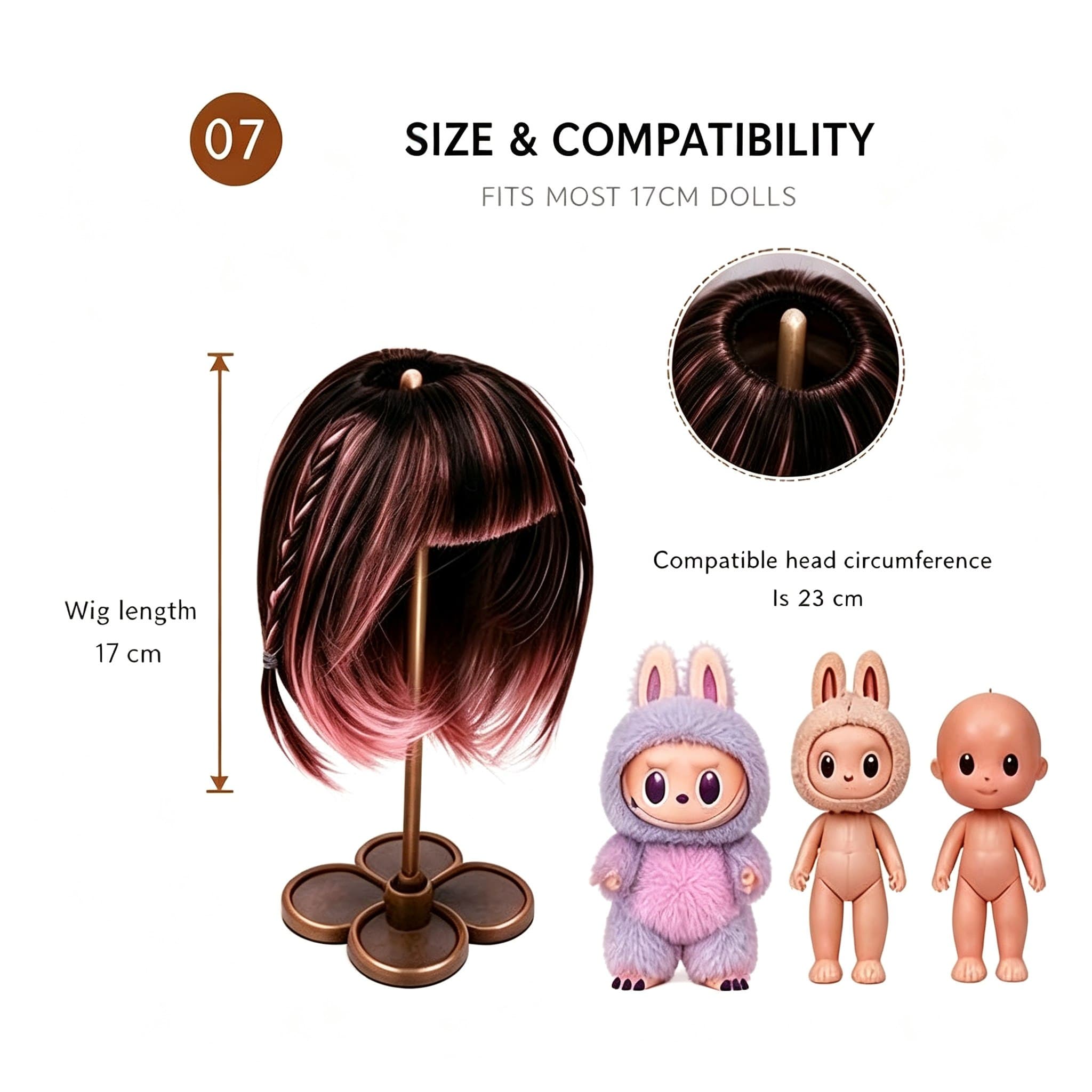 Collectible doll wig size guide for 17cm collectible 17cm dolls, approx. 23 cm head circumference