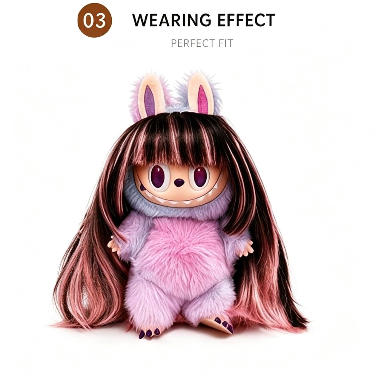 Misty Mocha / Pink Gradient collectible doll wig compatible with 17cm collectible 17cm dolls, front wearing view