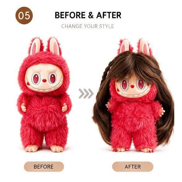 Chocolate Brown collectible doll wig compatible with 17cm collectible 17cm dolls, before and after styling comparison