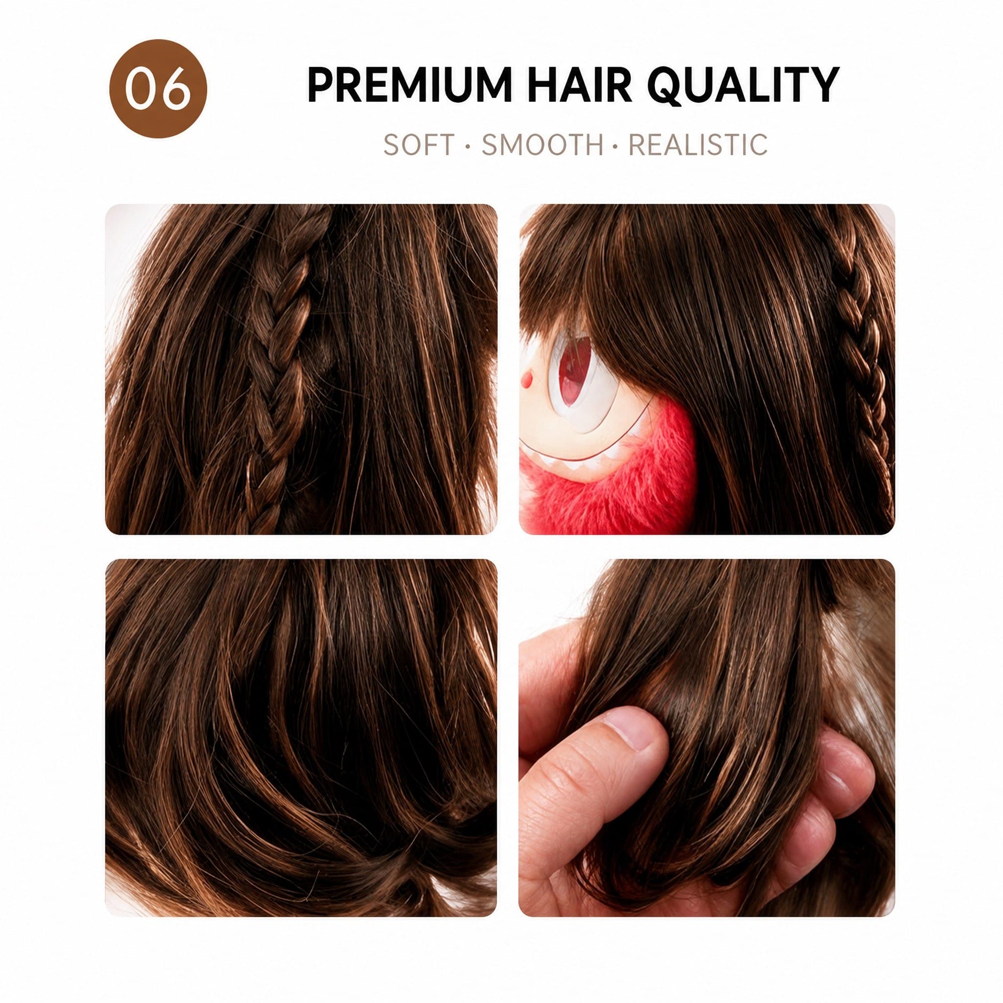 Chocolate Brown collectible doll wig compatible with 17cm collectible 17cm dolls, hair texture detail