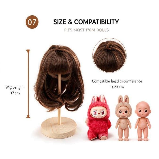 Collectible doll wig size guide for 17cm collectible 17cm dolls, approx. 23 cm head circumference