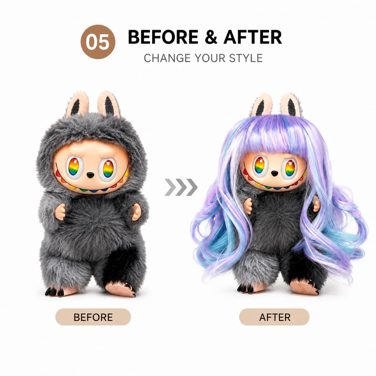 Purple-Blue Gradient collectible doll wig compatible with 17cm collectible 17cm dolls, before and after styling comparison