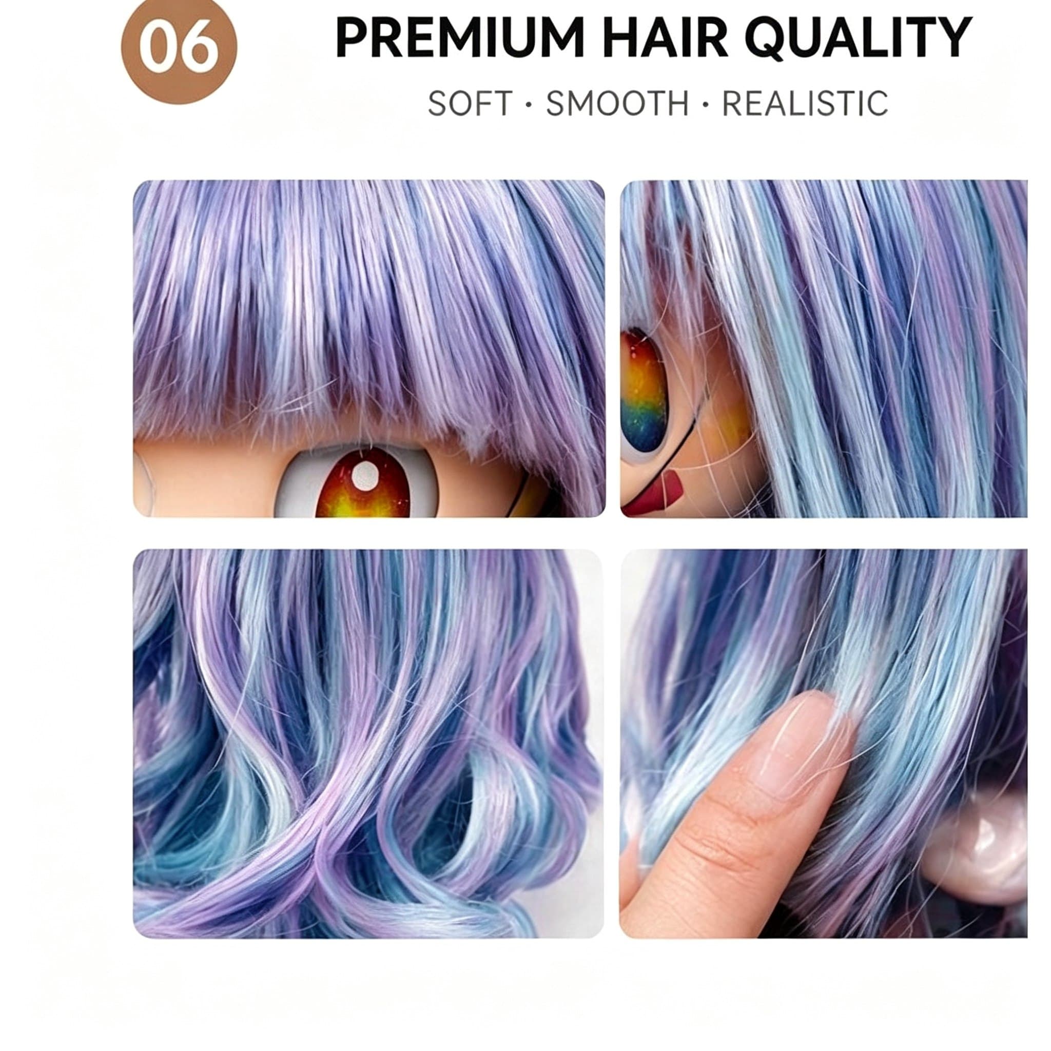 Purple-Blue Gradient collectible doll wig compatible with 17cm collectible 17cm dolls, hair texture detail