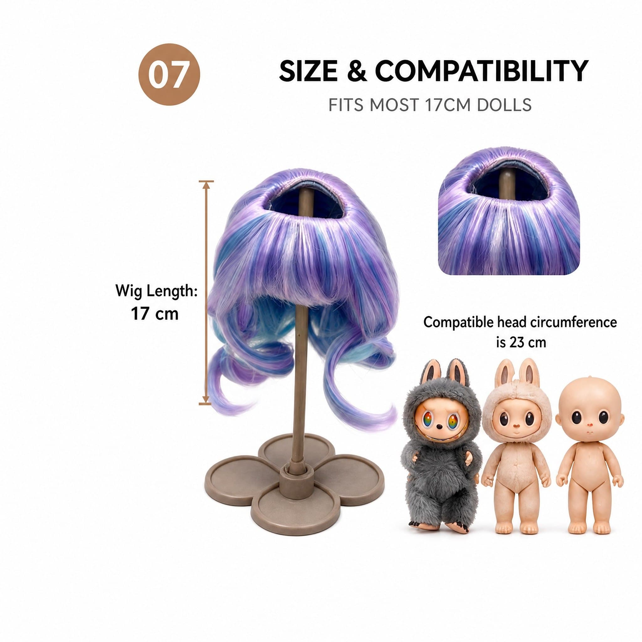 Collectible doll wig size guide for 17cm collectible 17cm dolls, approx. 23 cm head circumference