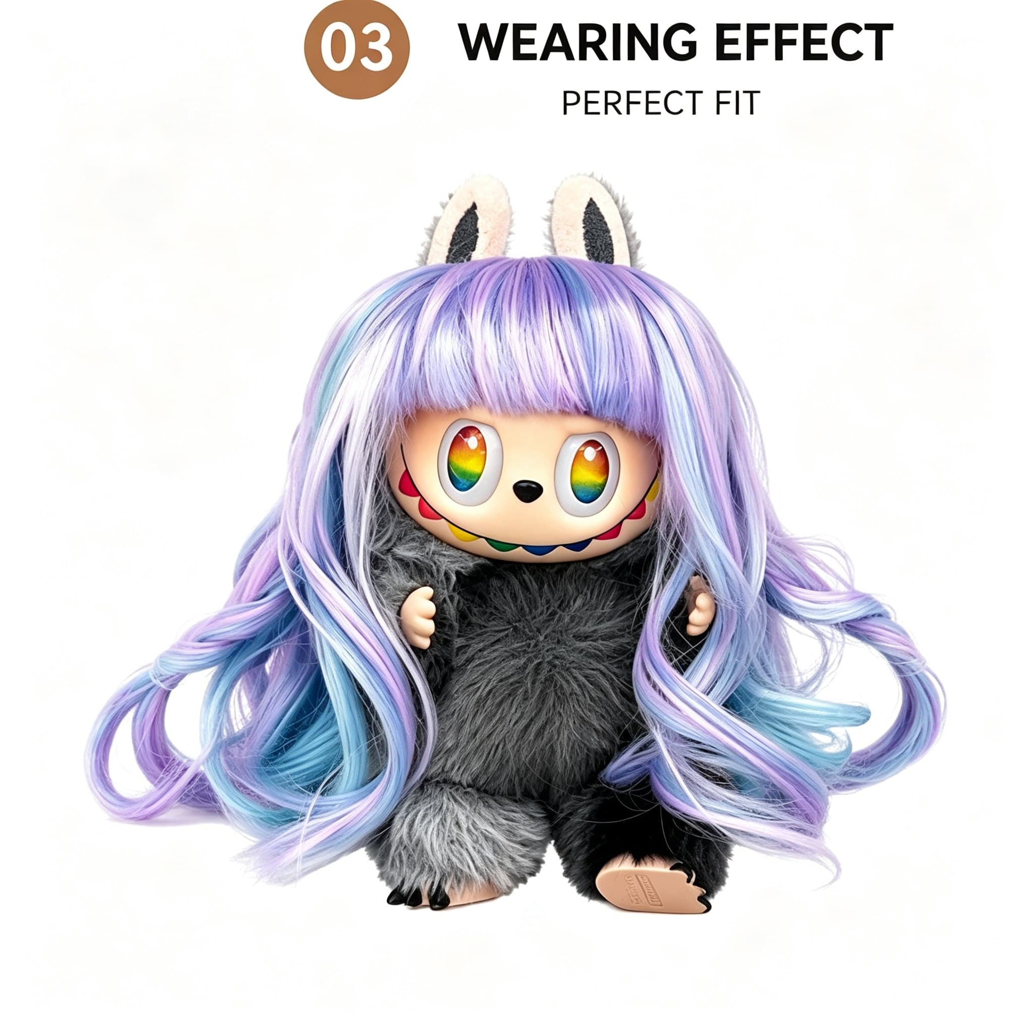 Purple-Blue Gradient collectible doll wig compatible with 17cm collectible 17cm dolls, front wearing view