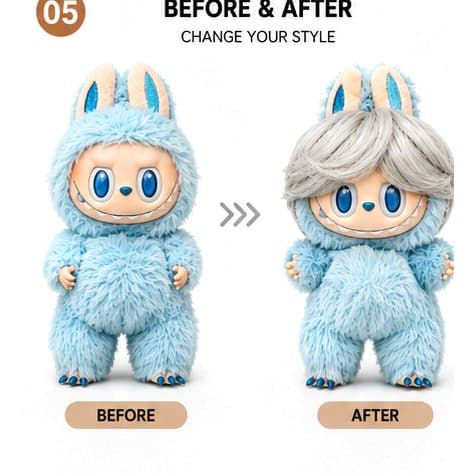 Silver Gray collectible doll wig compatible with 17cm collectible 17cm dolls, before and after styling comparison