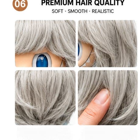 Silver Gray collectible doll wig compatible with 17cm collectible 17cm dolls, hair texture detail