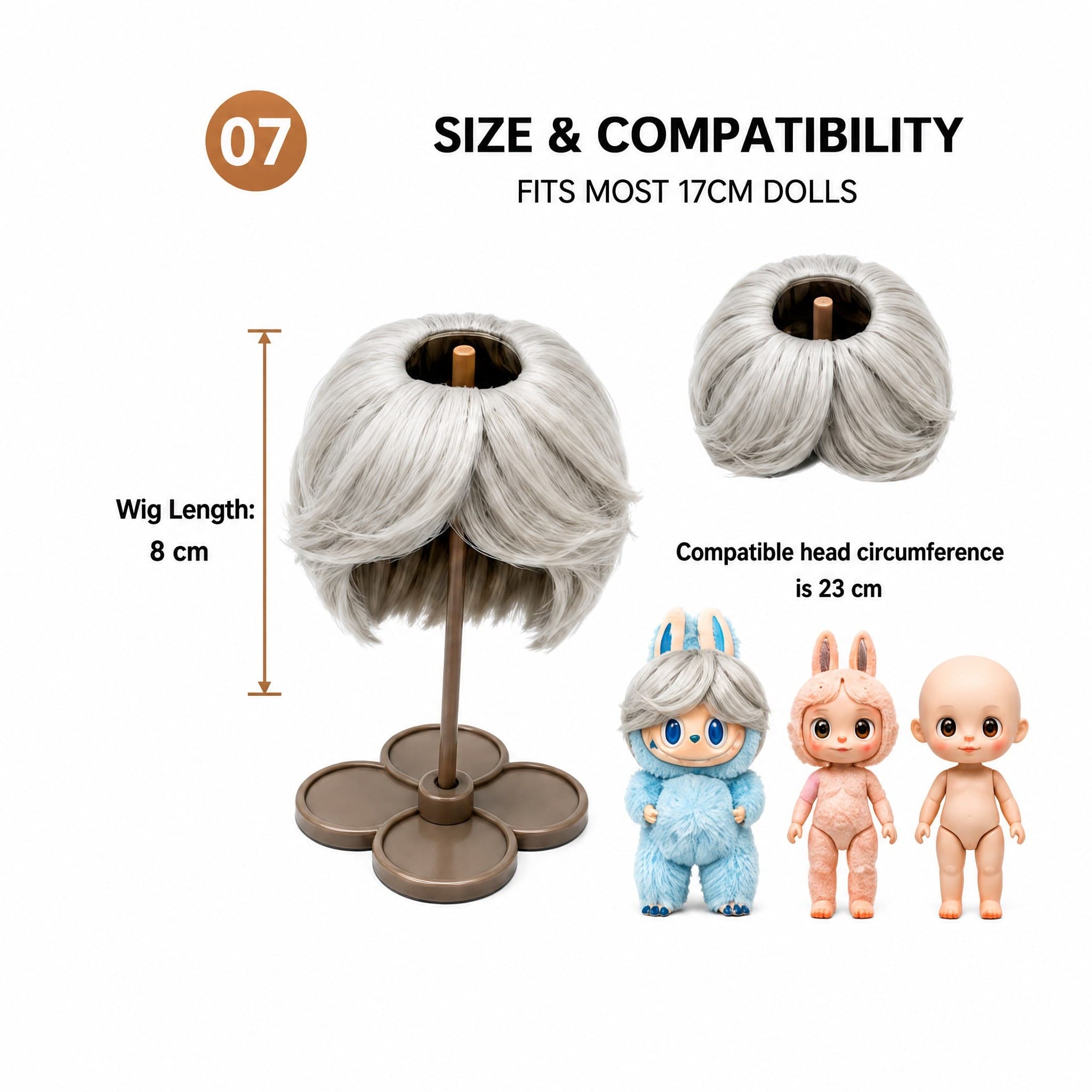 Collectible doll wig size guide for 17cm collectible 17cm dolls, approx. 23 cm head circumference