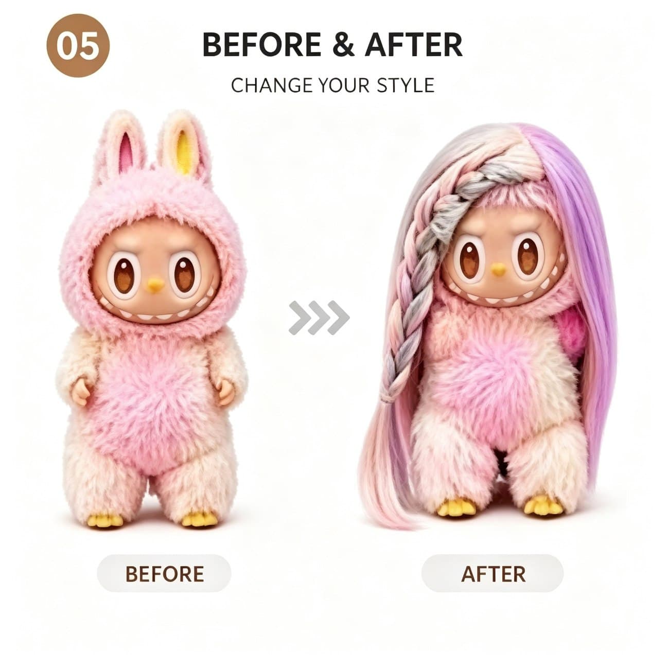 Aurora Multi-Color collectible doll wig compatible with 17cm collectible 17cm dolls, before and after styling comparison