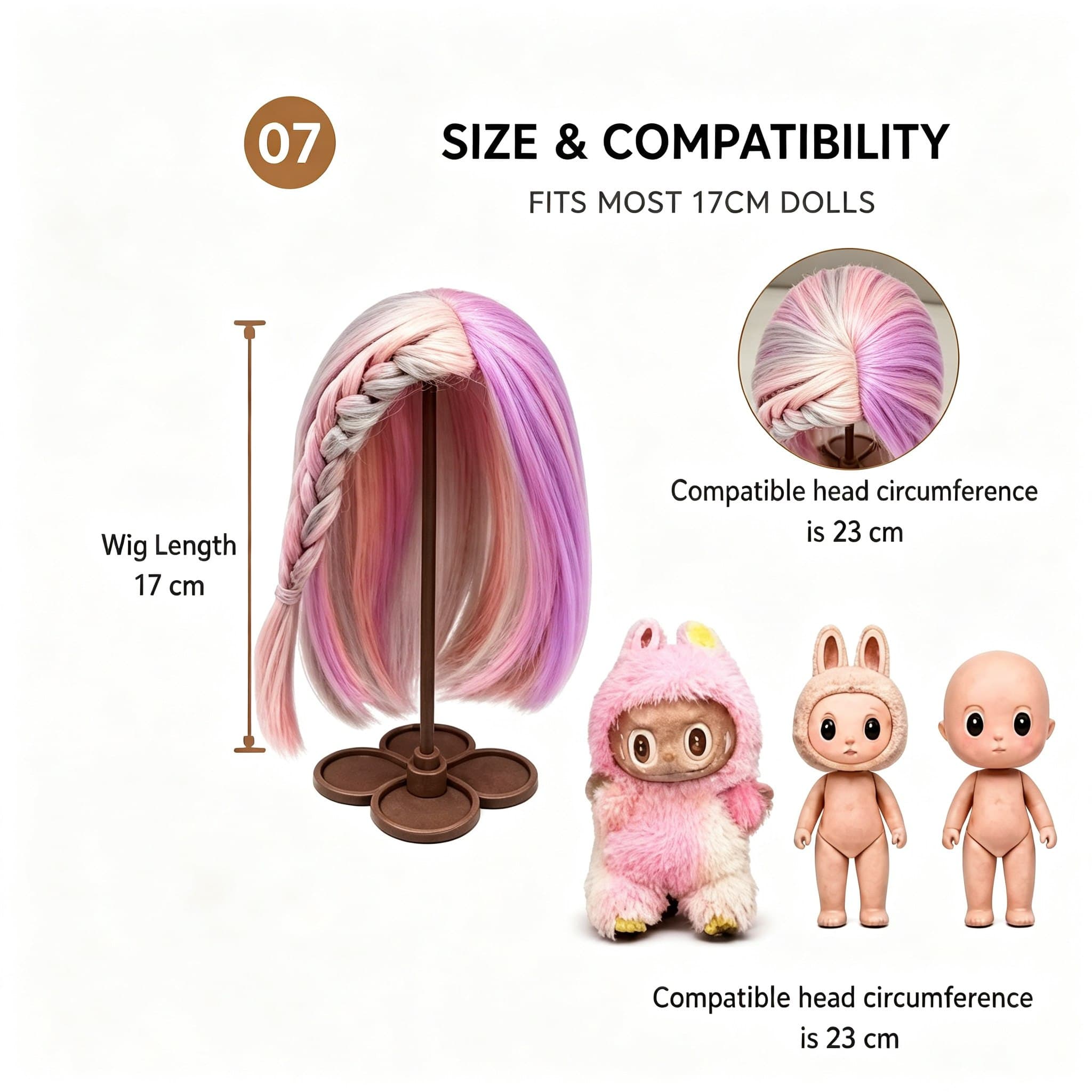 Collectible doll wig size guide for 17cm collectible 17cm dolls, approx. 23 cm head circumference