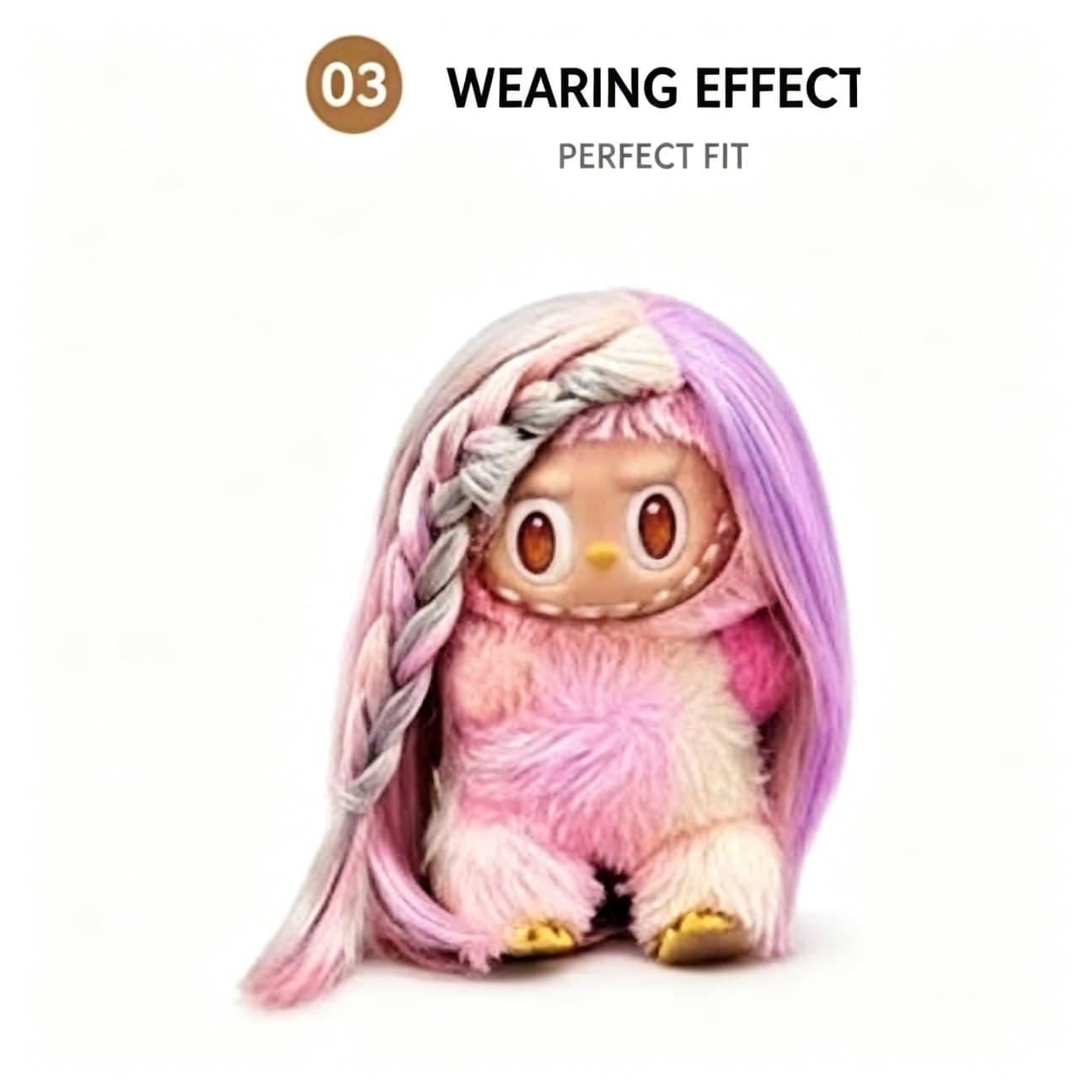 Aurora Multi-Color collectible doll wig compatible with 17cm collectible 17cm dolls, front wearing view