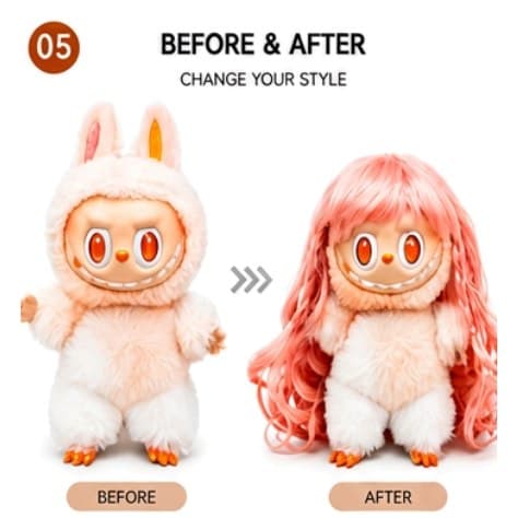 Warm Orange collectible doll wig compatible with 17cm collectible 17cm dolls, before and after styling comparison