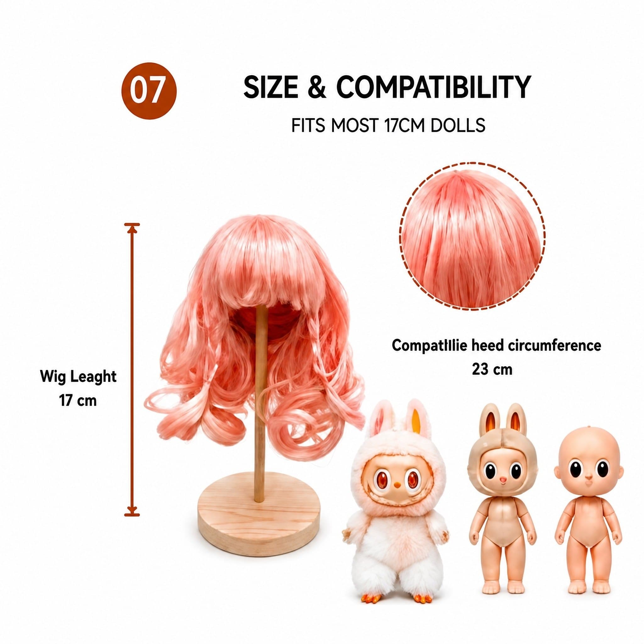 Collectible doll wig size guide for 17cm collectible 17cm dolls, approx. 23 cm head circumference