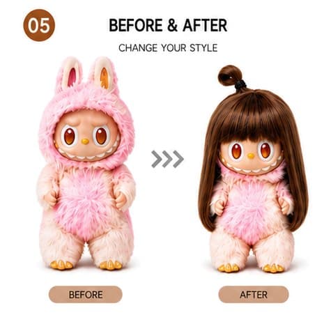 Caramel Brown collectible doll wig compatible with 17cm collectible 17cm dolls, before and after styling comparison