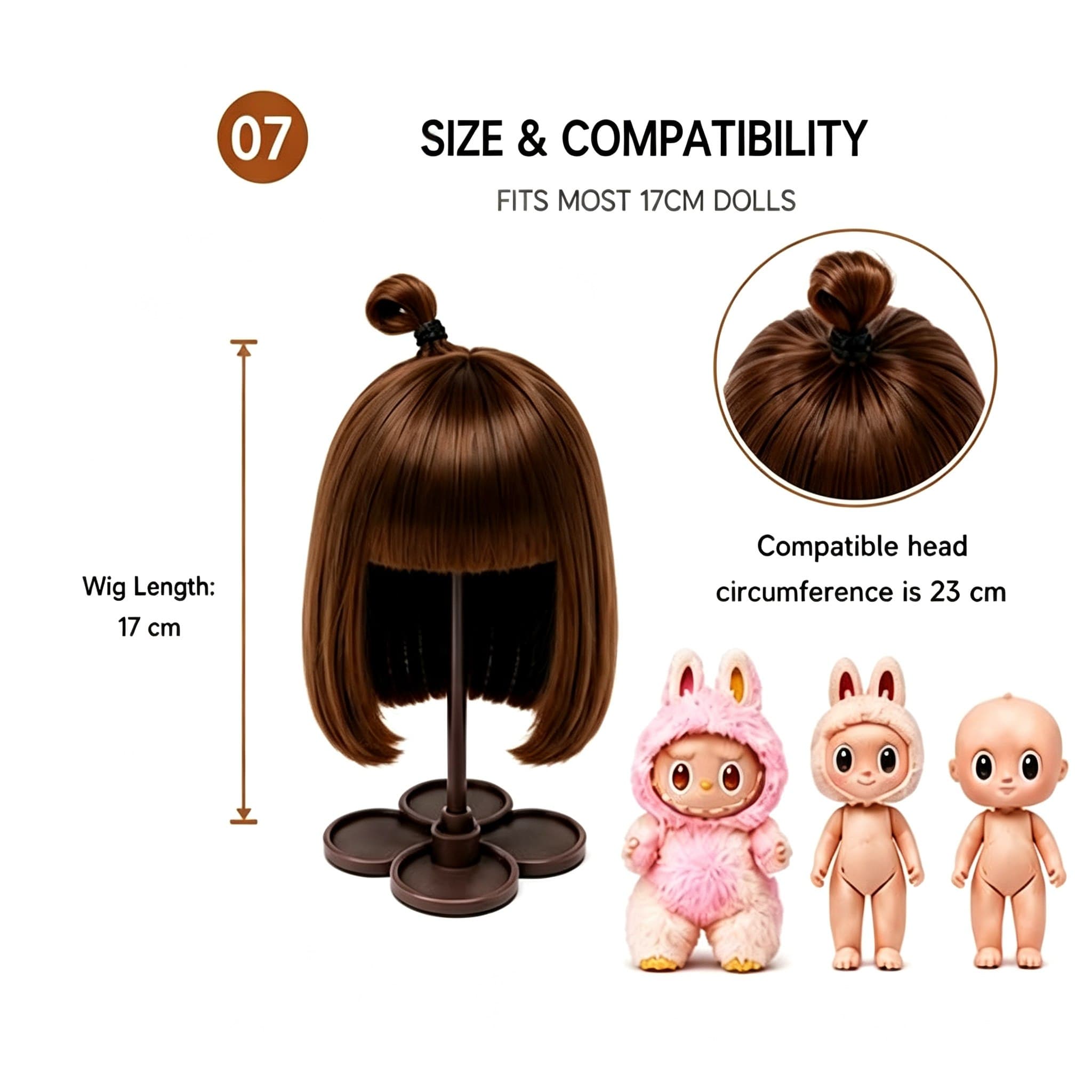 Collectible doll wig size guide for 17cm collectible 17cm dolls, approx. 23 cm head circumference