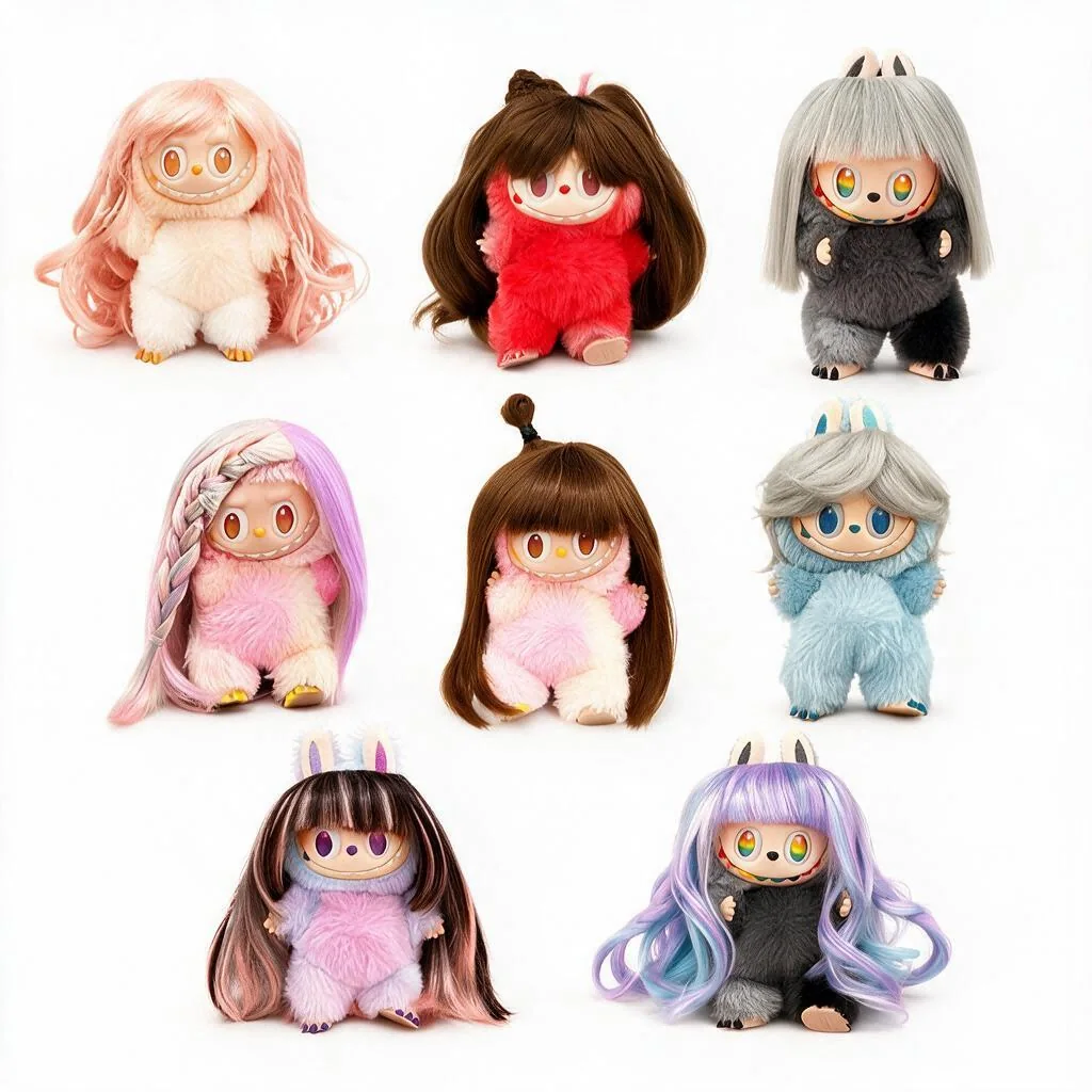 Eight AUDORI SISILI collectible doll wig hairstyles shown on a clean white background
