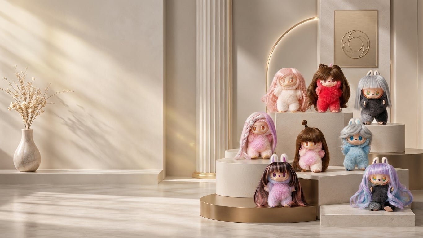 Eight AUDORI SISILI collectible doll wig styles displayed in a premium studio setting