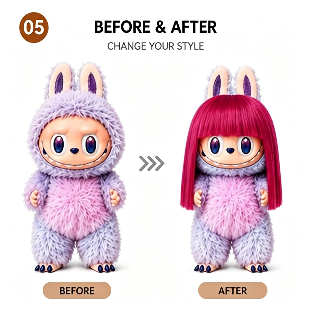 Bright Hot Pink collectible doll wig compatible with 17cm collectible 17cm dolls, before and after styling comparison